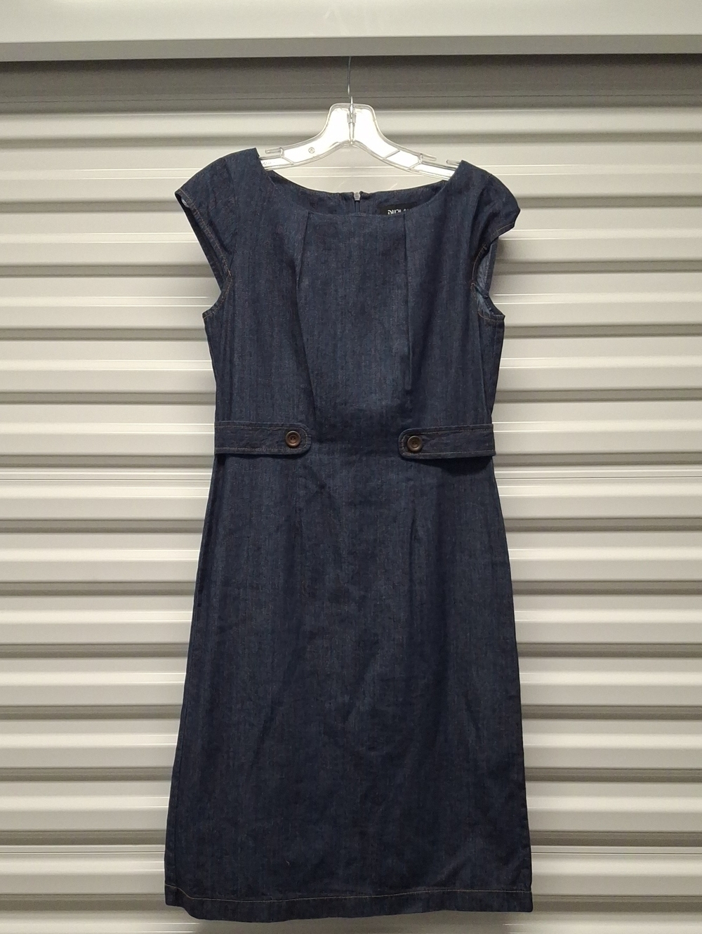 Women's Dark Blue Denim Midi Dress with Waist Tab